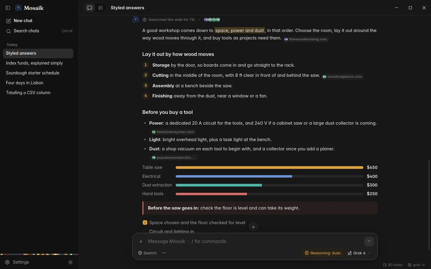 An answer from a web search, with the sites it used marked beside each point, dark theme