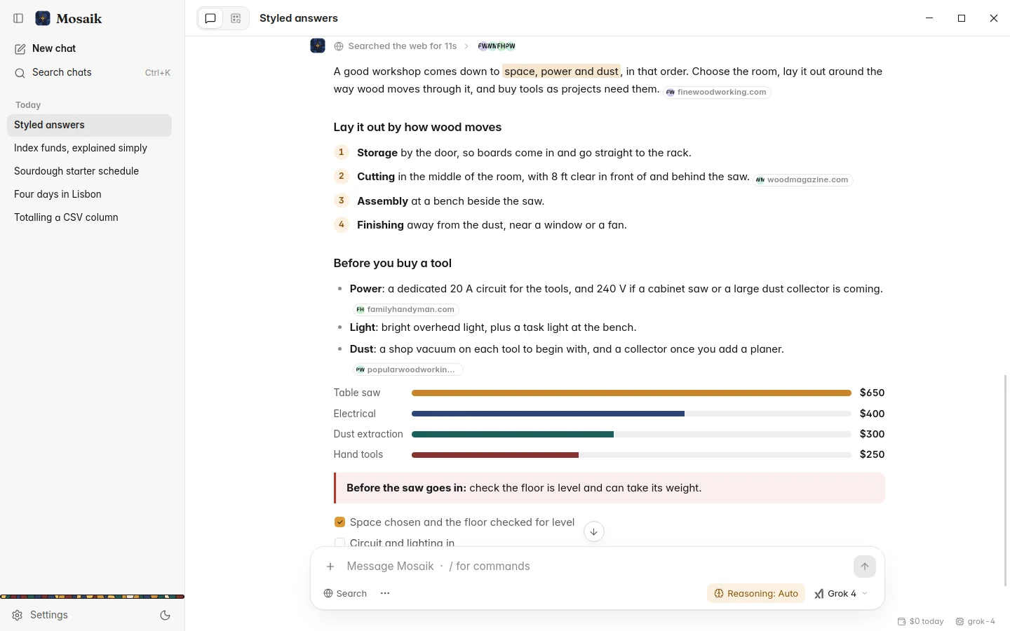 An answer from a web search, with the sites it used marked beside each point, light theme