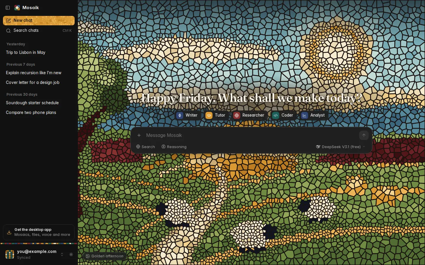 The web chat's New Chat page, with a mosaic picture, a greeting and the five assistants, dark theme