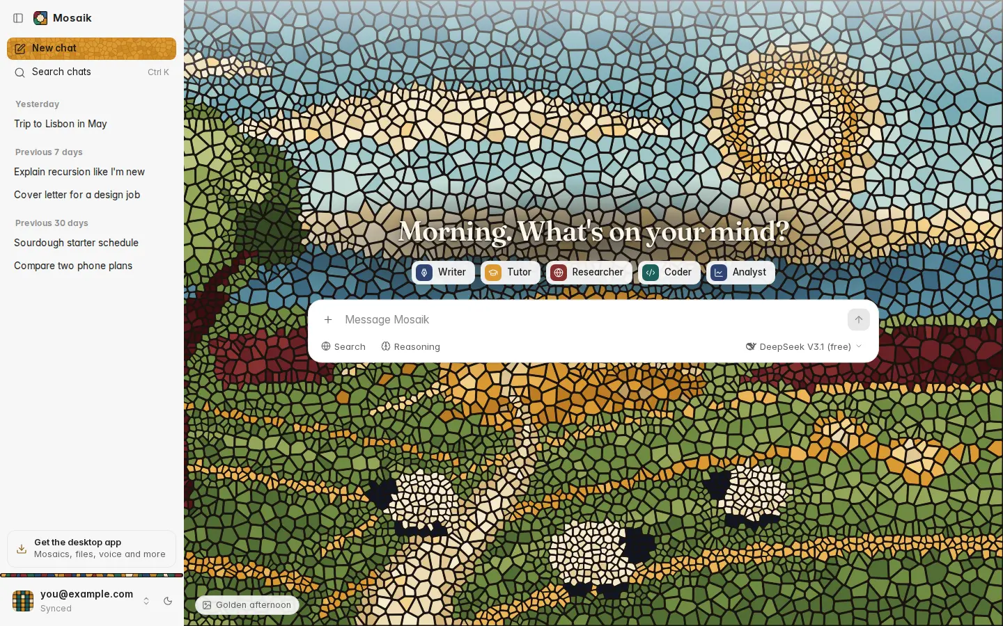 The web chat's New Chat page, with a mosaic picture, a greeting and the five assistants, light theme
