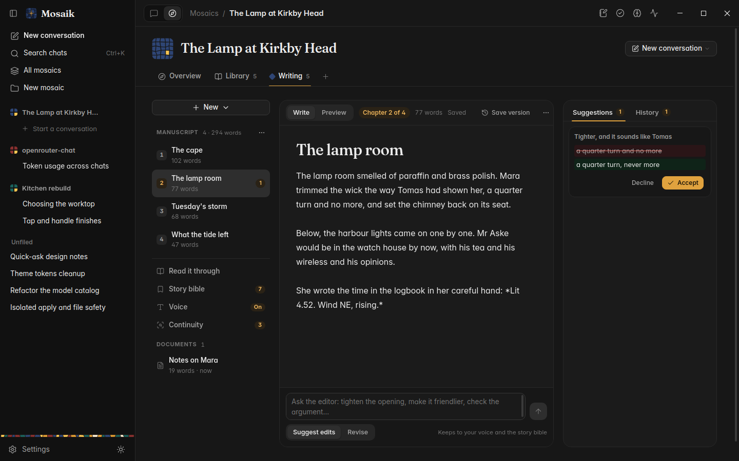 A manuscript in the Writing tab, dark theme