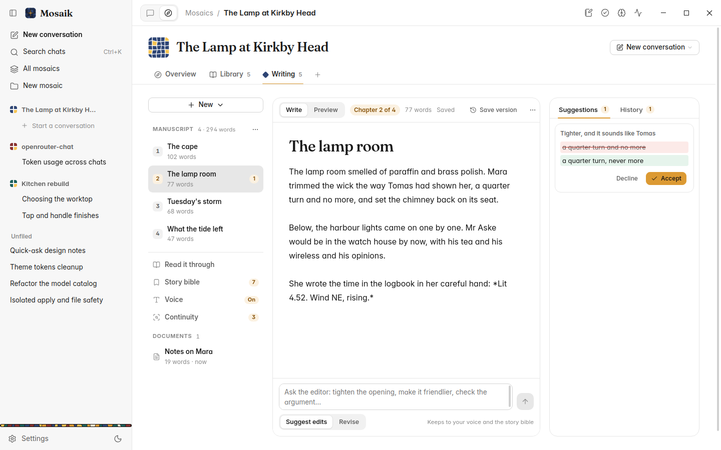 A manuscript in the Writing tab, light theme